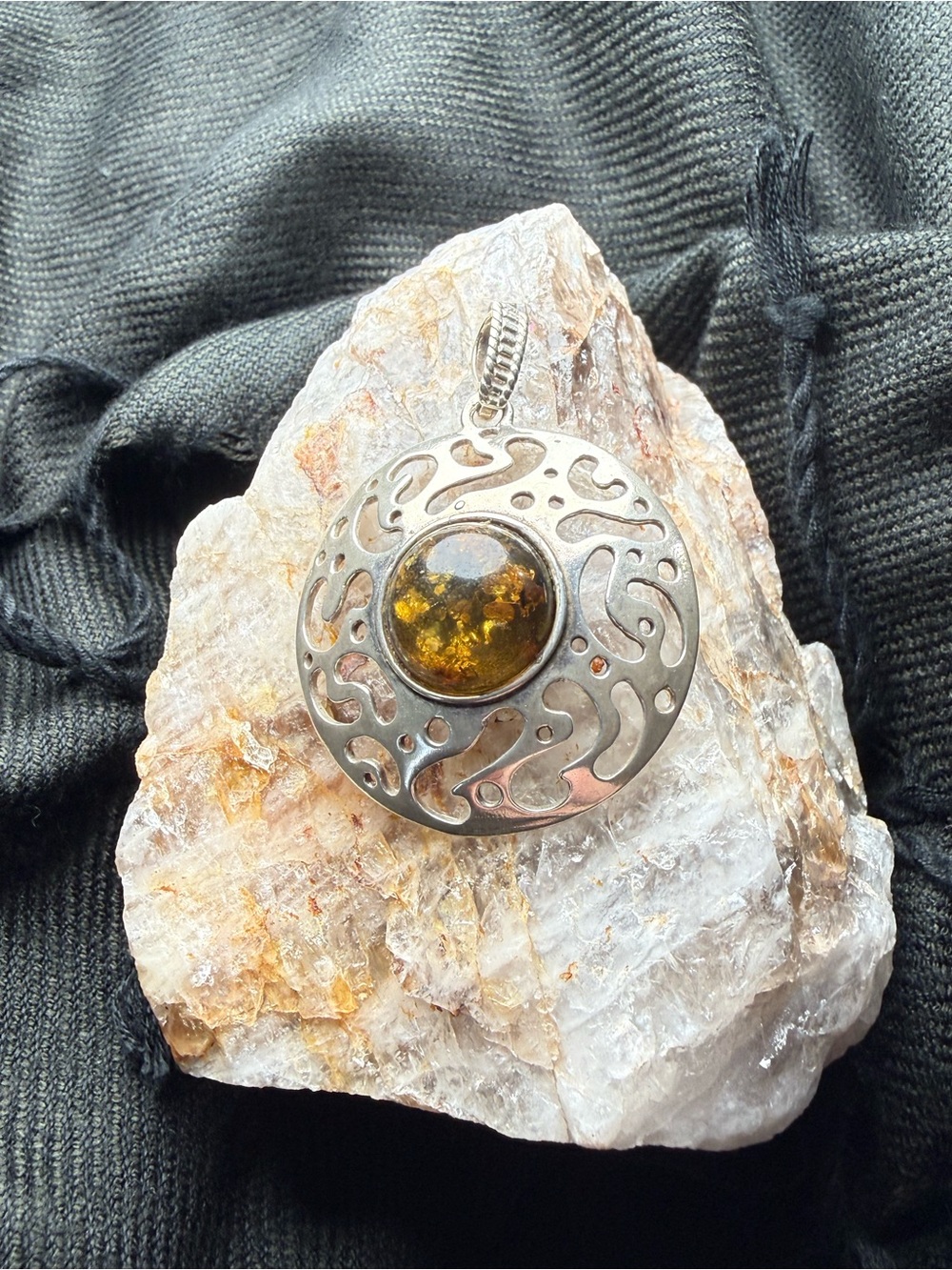 Green Amber Sterling Silver 925 Round Openwork Boho Statement Pendant